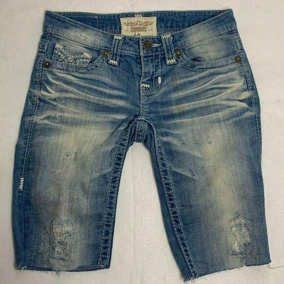 Big Star Liv Denim Bermuda Shorts 26R Med Wash Distressed Cut Off Crochet Pocket - Picture 1 of 8